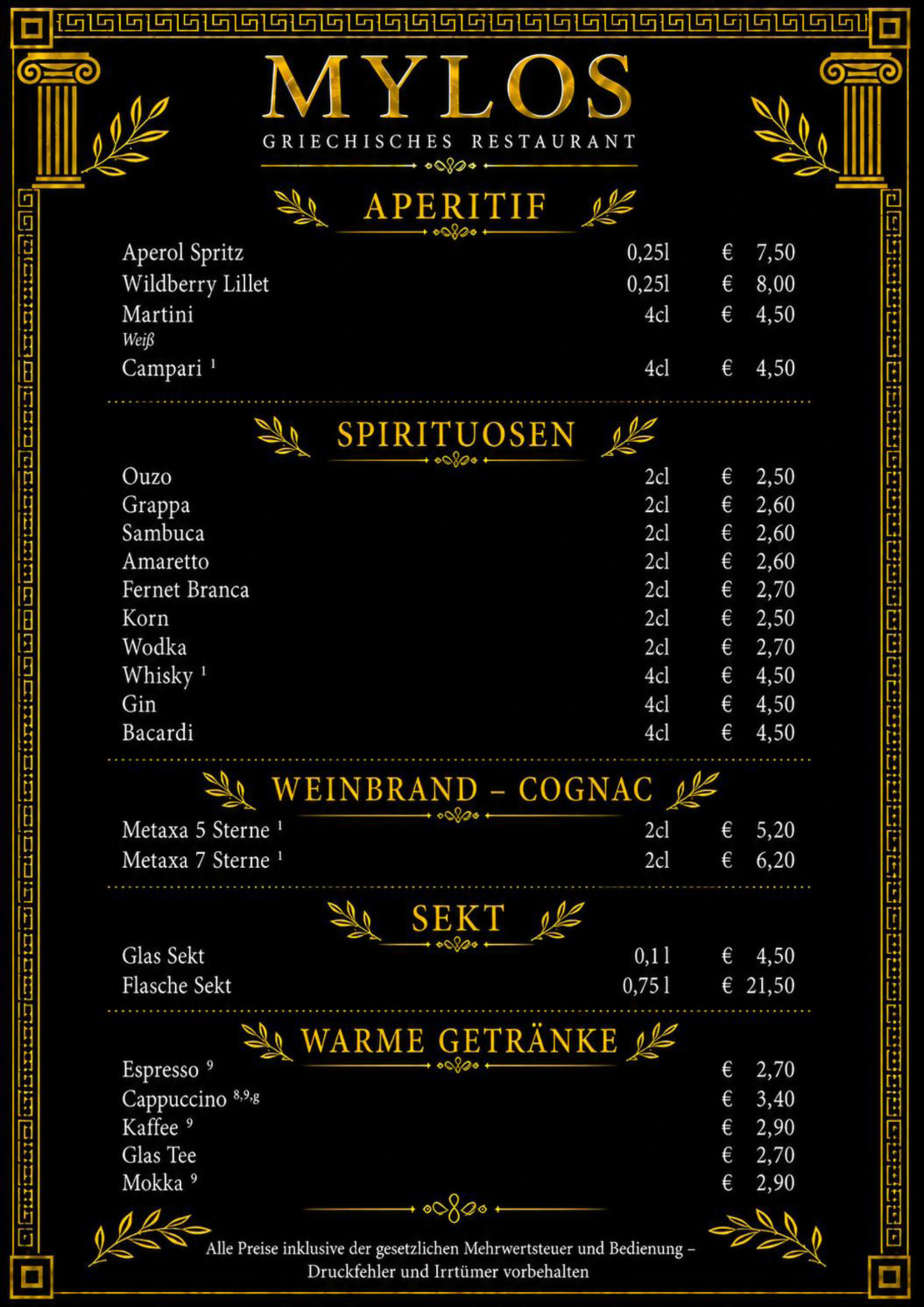 Speisenkarte Restaurant Mylos Sittensen